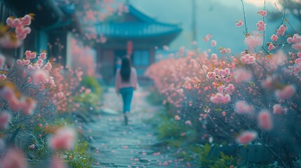   Two individuals stroll along a path, surrounded by pink flowers on both sides A pagoda stands distinguishably beyond the flower-lined route