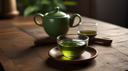 Anime style of A cup with organic green Japanese matcha tea and milk foam on a wooden table.generative.ai