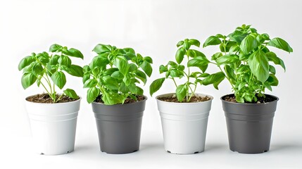 Three Potted Basil Plants on White Background, Growing Herbs Indoors. Fresh Kitchen Garden Herbs in a Row. Simple Urban Gardening Concept. AI