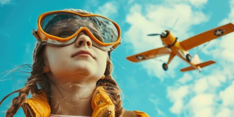 Young girl wearing goggles looks up at passing airplane. Suitable for aviation and travel concepts