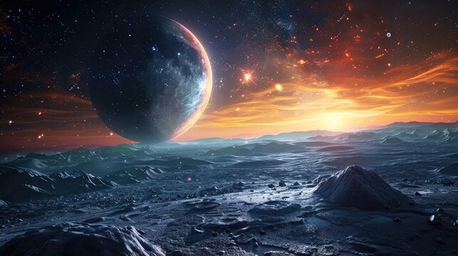Majestic Alien Landscape of a Distant Planet with Dramatic Galactic Backdrop and Serene Ocean Waves