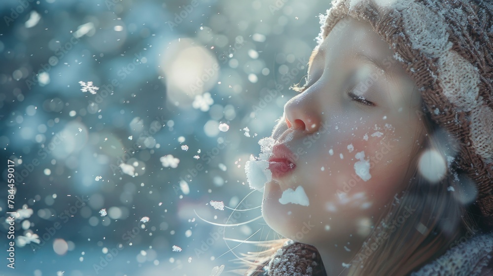 Wall mural Young girl blowing snow on her face, perfect for winter themes