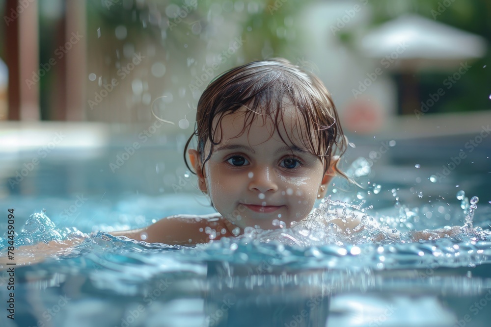 Poster a small child enjoying a swim in a pool. perfect for summer-themed designs