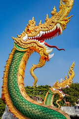 Fototapeta na wymiar ‘NAGA’ mythological giant serpent statue. Colorful serpent-like statue is commonly seen in every temple in Thailand. It stands spiritually guarding and protecting the Lord Buddha.