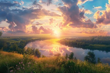 Beautiful sunset over river in a field, ideal for nature themed projects