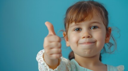 Cheerful child showing thumbs up gesture, suitable for positive concepts and children's themes - obrazy, fototapety, plakaty