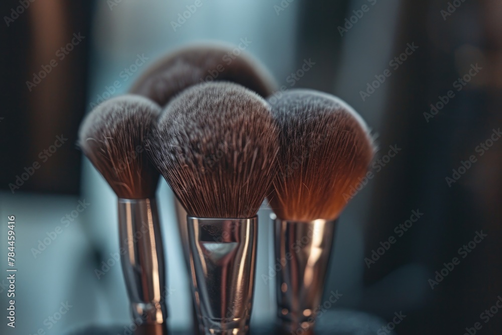Poster Various paint brushes neatly arranged on a table. Ideal for artistic projects
