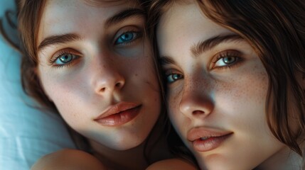 Two young women relaxing on a comfortable bed. Perfect for lifestyle and friendship concepts