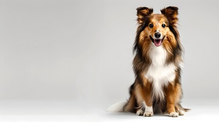 Charming Sheltie Dog Poised on a Plain Background, Perfect Pet Portrait in Studio Setting, Friendly Canine Companion Smiling. AI