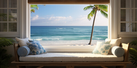 Side window seat, Beach view with a palm tree in the background