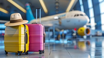 Bright yellow suitcase at airport. Ready for vacation, concept of travel and tourism. Classic straw hat on luggage. Preparing for flight. AI
