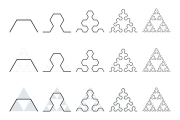 Evolution of a Sierpinski arrowhead, a plane fractal curve. First five steps of developing the curve, in the second and third row underlaid with Sierpinski triangles, to show their similarity. - 784459656