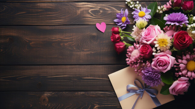 Bouquet of flowers sits on top of a brown envelope
