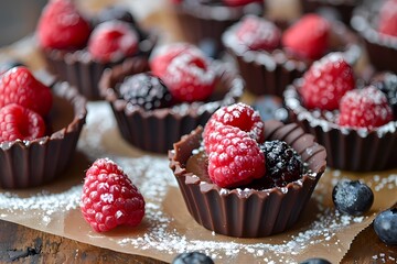 A closeup of chocolate cups filled with fresh berries, dusted in powdered sugar on top of parchment paper. Ai generated
