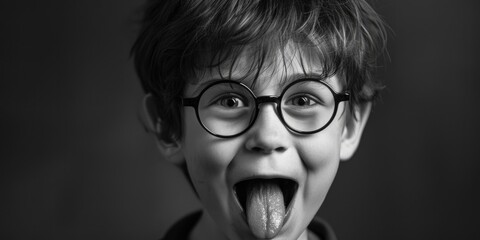 A young boy with glasses playfully sticking out his tongue. Perfect for educational materials or children's websites