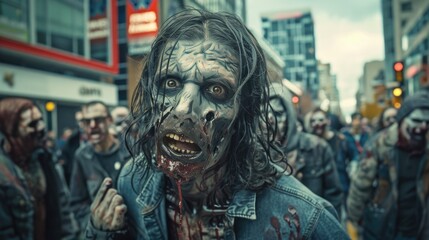 Fototapeta premium A group of zombies walking down a city street. Suitable for Halloween-themed projects
