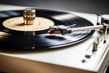 Vintage turntable playing vinyl record, retro music and audio equipment concept.