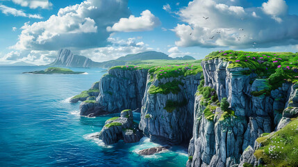 Dramatic Cliffside View with Aerial Shot of Archipelago, Perfect for Exotic Travel Exploration - obrazy, fototapety, plakaty