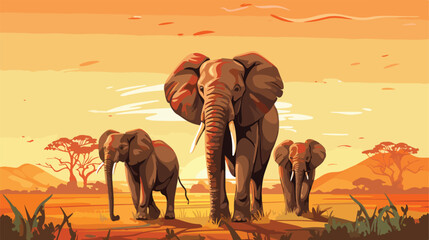 Mother Elephant and Family on Savannah 2d flat cartoon