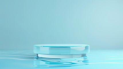 Abstract 3D Display Stand: Glass Podium on Blue Water Background. 3D Display Stand on Blue Water Background with Glass Podium Cosmetic Product Presentation.