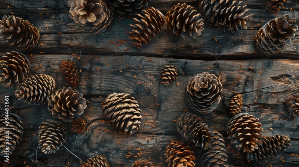 Poster pine cones displayed on rustic wooden table, ideal for nature and autumn themed designs