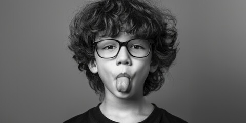 A young boy with glasses making a silly expression. Perfect for humor and entertainment concepts - obrazy, fototapety, plakaty