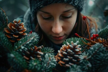 A woman holding a bunch of pine cones in a cozy knitted hat. Suitable for winter and nature themes - Powered by Adobe