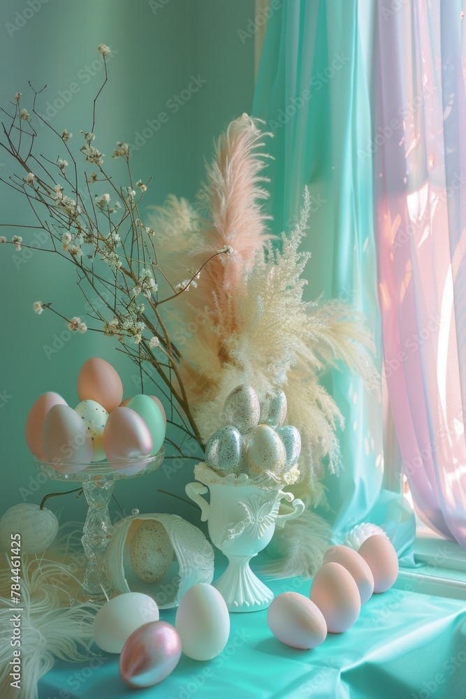 Poster A vase filled with eggs and feathers on a table. Perfect for Easter decorations
