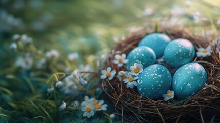 Fototapeta na wymiar A nest filled with blue eggs and white flowers, perfect for spring-themed designs