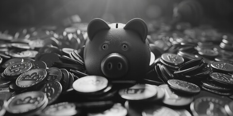 A piggy bank sitting on a pile of coins. Suitable for financial concepts - obrazy, fototapety, plakaty