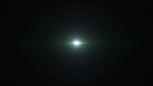 Abstract loop center glow green star optical shine light lens flares flickering animation on black background. 