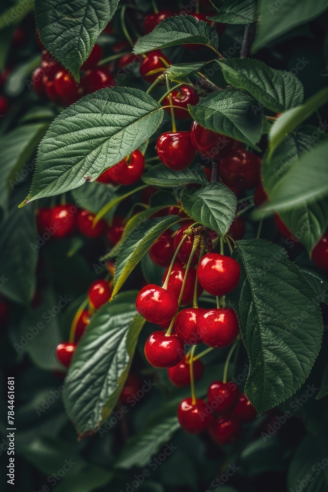 Poster close-up view of cherries on a tree, suitable for food and nature themes