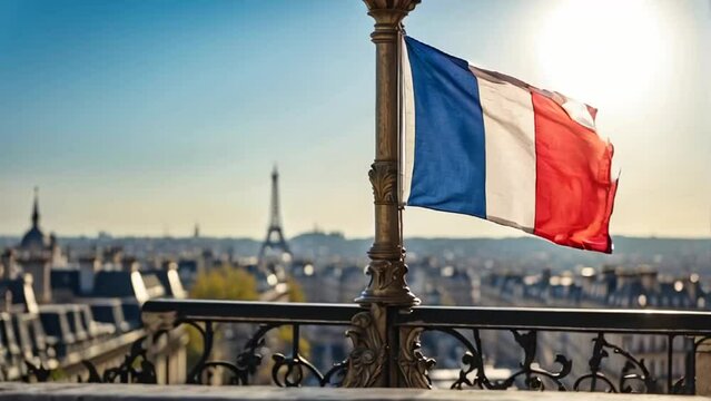 French flag against the background of the city of Paris
 