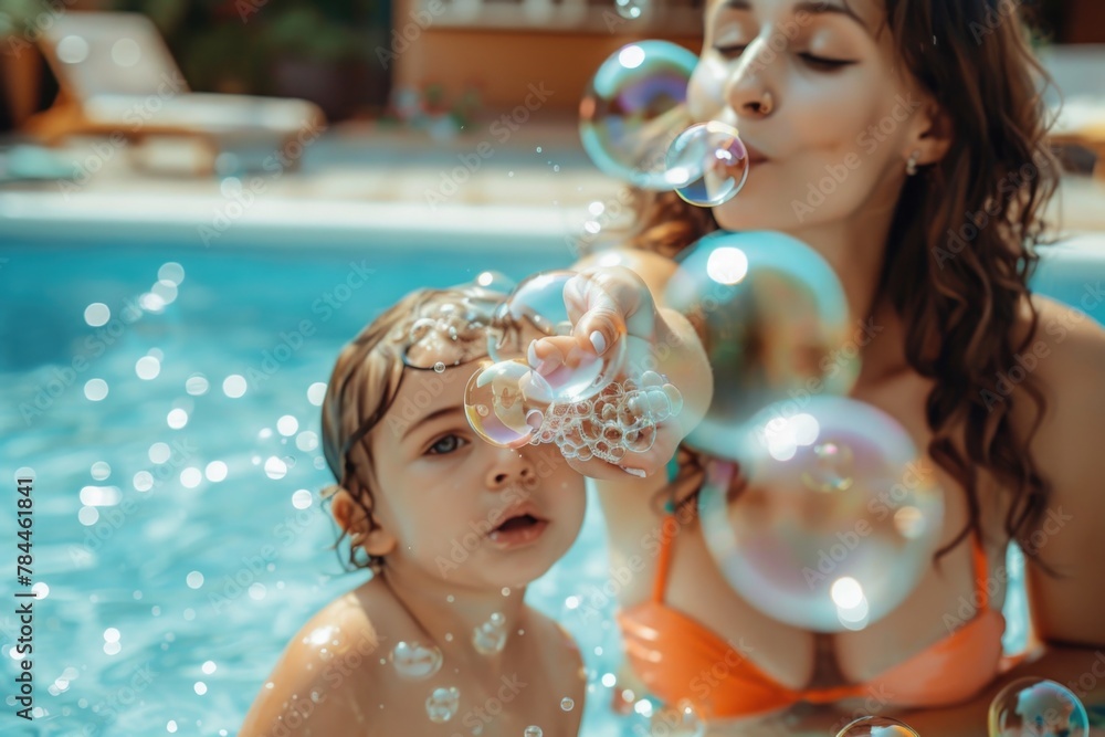 Aufkleber a woman and child having fun blowing bubbles in a pool. perfect for summer and family leisure concep