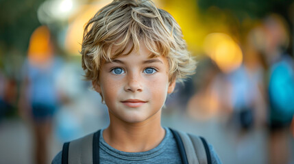 Portrait of a young boy with curly blonde hair and blue eyes, wearing a gray t-shirt and backpack, with a blurred background of people. - obrazy, fototapety, plakaty