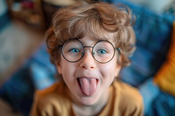 A playful young boy sticking out his tongue. Suitable for educational and fun concepts - obrazy, fototapety, plakaty