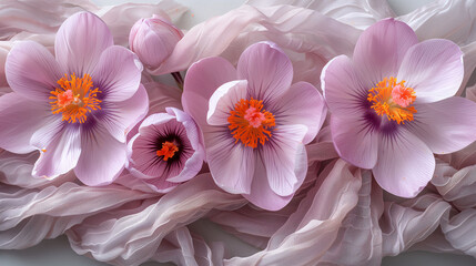 Elegant pink anemone flowers resting on a delicate white fabric, showcasing vibrant orange stamens and soft petals with a dreamy, romantic feel.