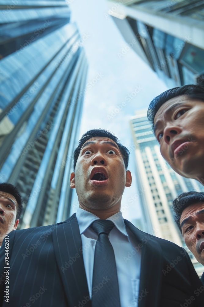 Aufkleber group of men standing in front of a modern skyscraper. ideal for business and corporate concepts