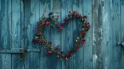A heart shaped wreath hanging on a wooden wall. Perfect for Valentine's Day decorations