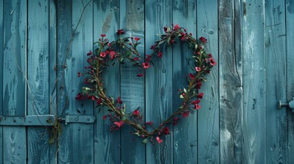 A heart shaped wreath hanging on a wooden wall. Perfect for Valentine's Day decorations