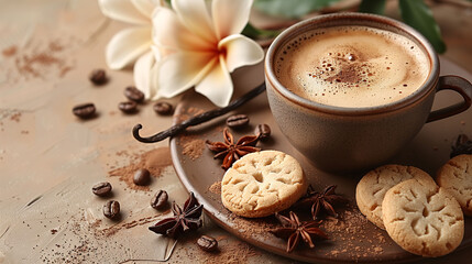 Aromatic coffee in a brown cup with foam, accompanied by cookies and scattered coffee beans, star...