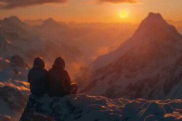 A couple enjoying the view on a snowy mountain peak. Perfect for travel and adventure concepts