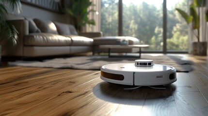 robotic vacuum cleaner on the floor in the living room  - obrazy, fototapety, plakaty