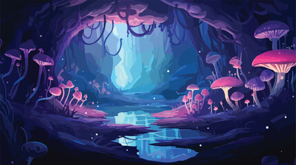 Mystical cave filled with glowing mushrooms and shi