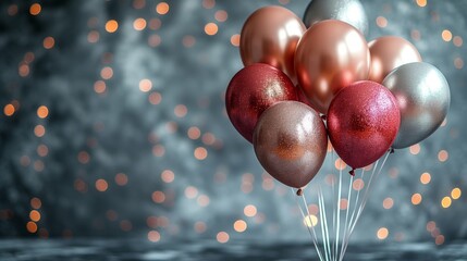 rose gold, silver balloons on a grey background