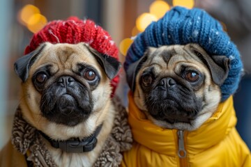 Adorable pugs dressed in cozy knitted hats and warm jackets posing for a photo with soft bokeh lights in the background