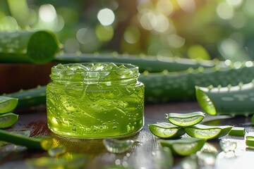 Close shot of a jar of aloe Vera jell decorated with aloe Vera around of it with a big space for text or product advertisement, Generative AI.