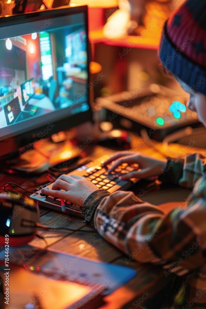 Poster young boy engrossed in playing video game on laptop. suitable for technology concepts