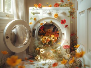 unbranded washing machine with open door, various fragrant flowers fall out of it