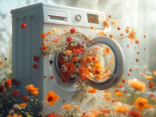 unbranded washing machine with open door, various fragrant flowers fall out of it